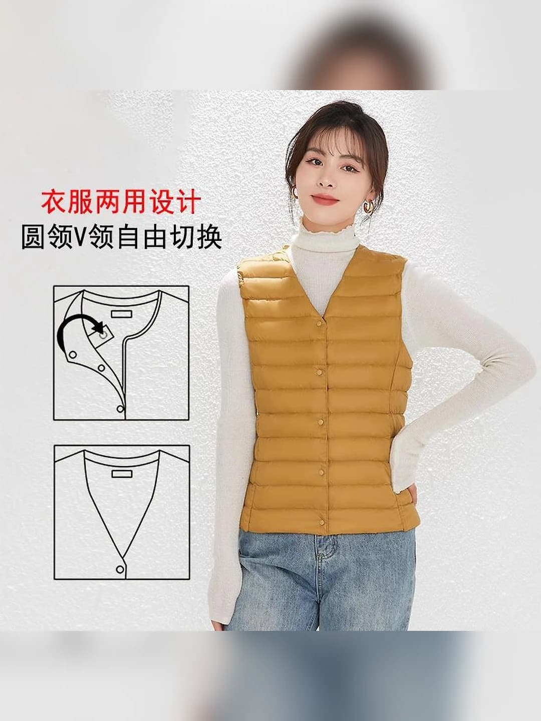 Women's autumn-winter down vest: V-neck and crew neck, slim fit, white down filling, casual style tank top
