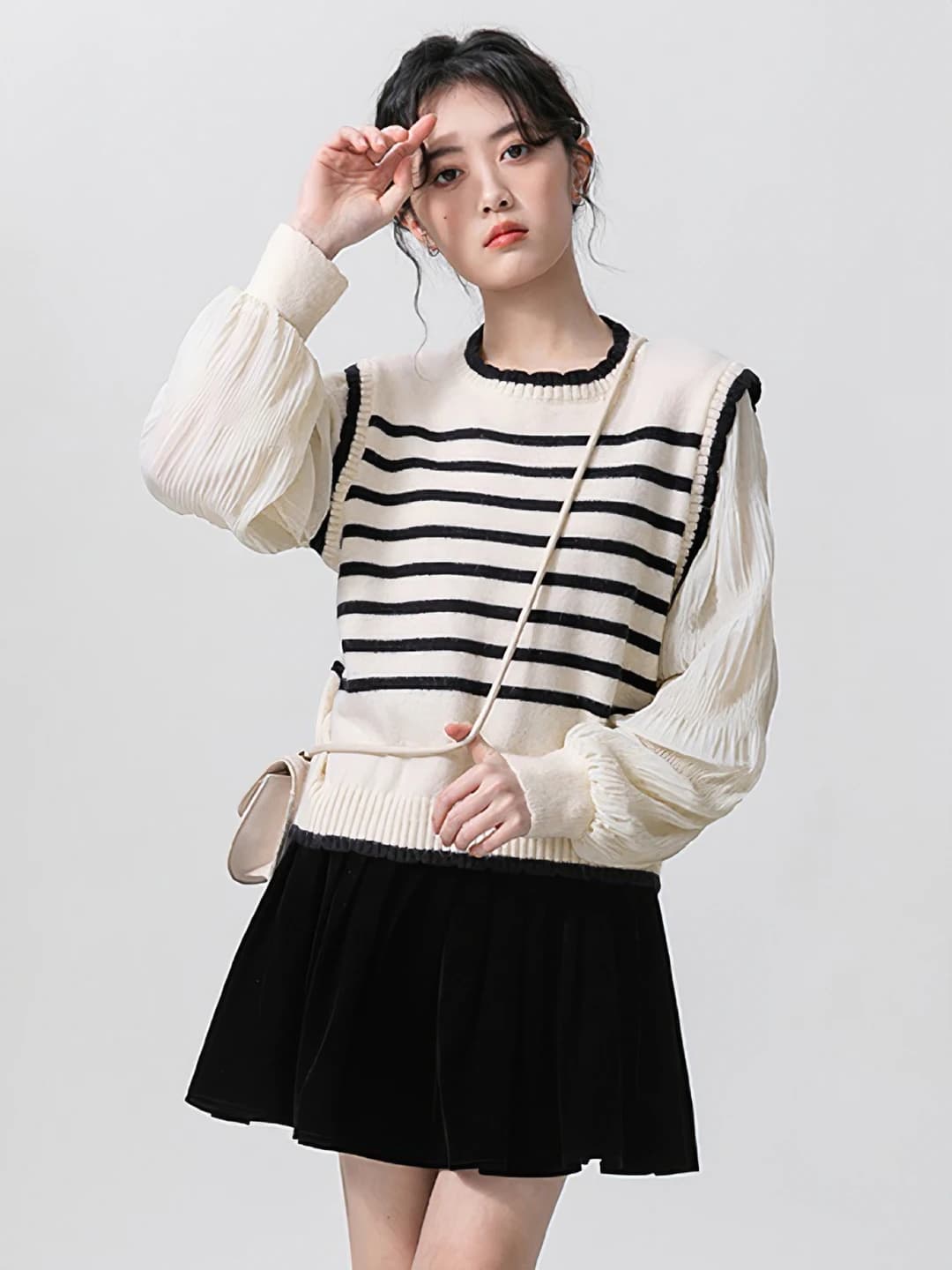 Women's striped knit pullover sweater, retro Korean style, crew neck, long sleeve, loose fit, 80-90% polyester, spandex, non-iron