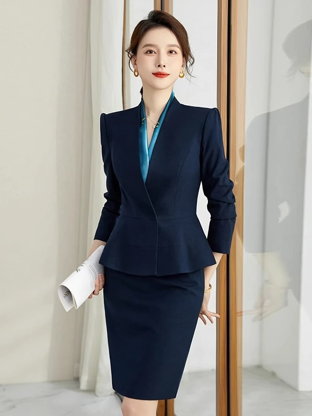 Women's spring-summer suit with skirt: long sleeve, slimming, polyester set