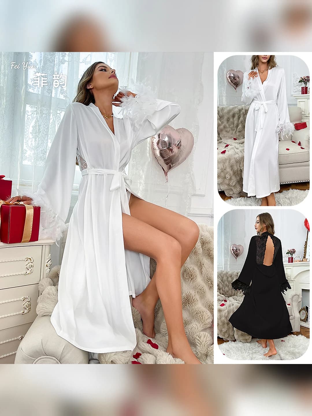 Women's long house robe with lace and satin patchwork, V-neck, backless, furry cuffs, for summer, spring, and autumn