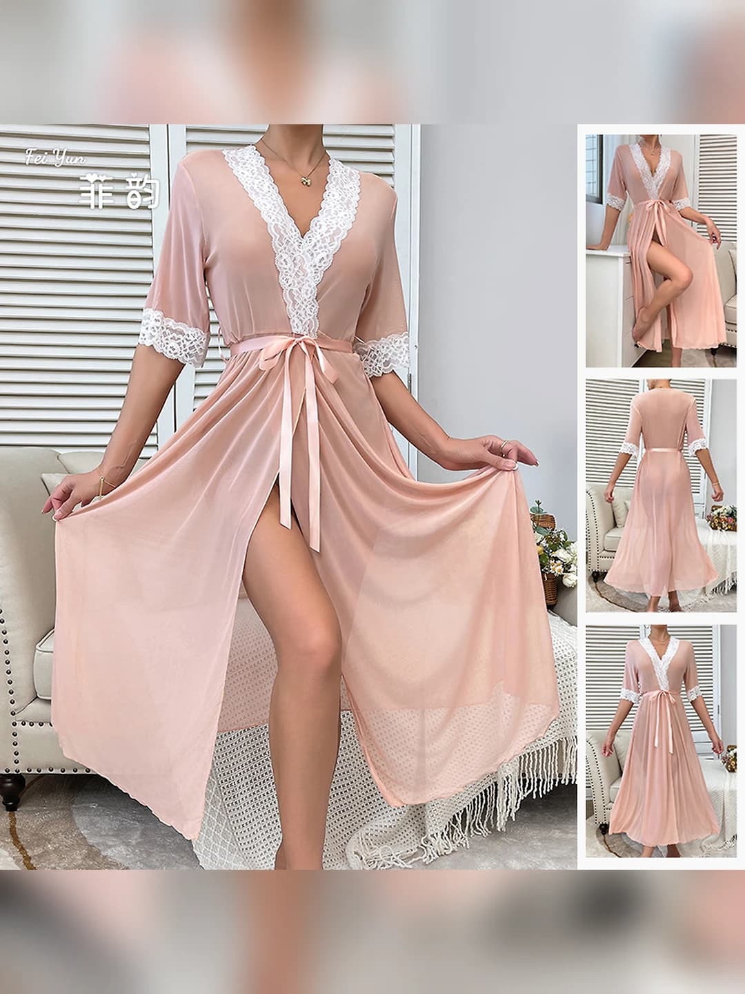 Women's lace and mesh house robe, short sleeve, V-neck, stretch, for summer, spring and autumn