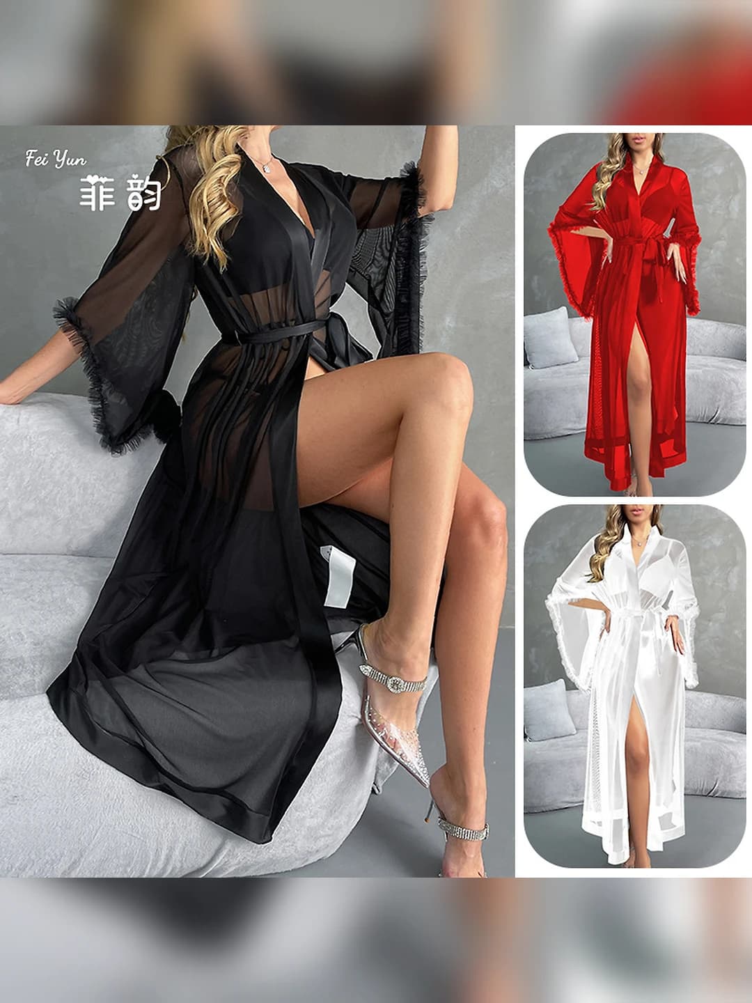 Ayollar uchun uzun, shaffof tarmoq xalat, V-yoqa, bo'sh (oversize) kesim, yoz, bahor, kuz mavsumlari uchun uy kiyimi