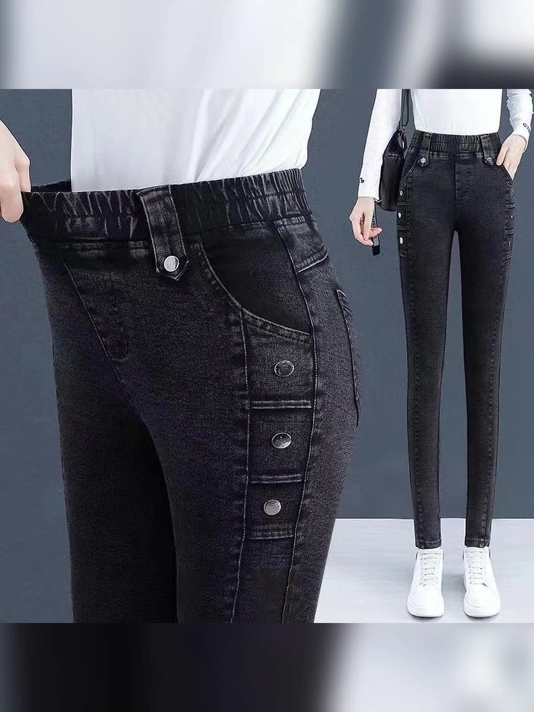 Women's fleece-lined jeans, autumn-winter 2026, elastic waist, stretch, slim fit, slimming, thickened, trousers
