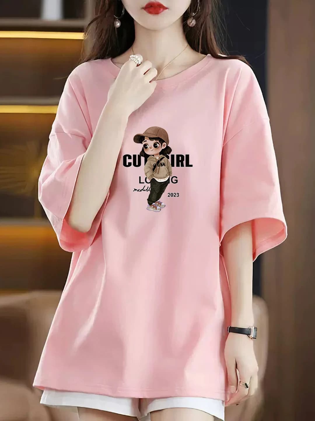 Women's printed t-shirt for summer, Korean style, loose fit, crew neck, short sleeve, mid-length