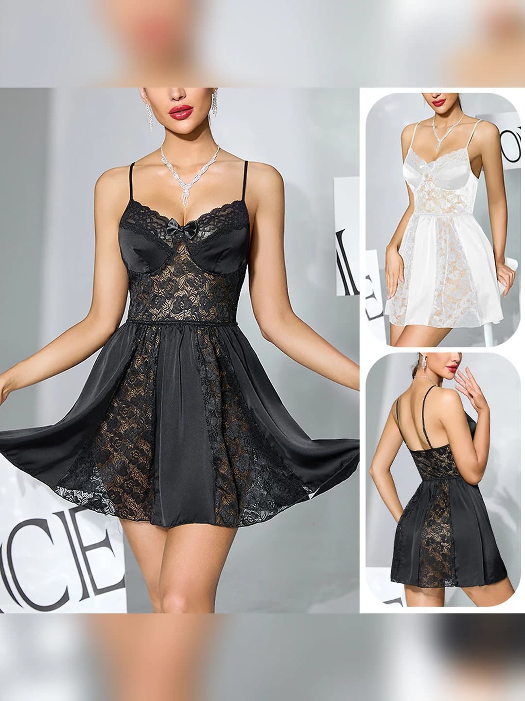 Women's lace and satin nightgown, V-neck, sleeveless, short, black and white