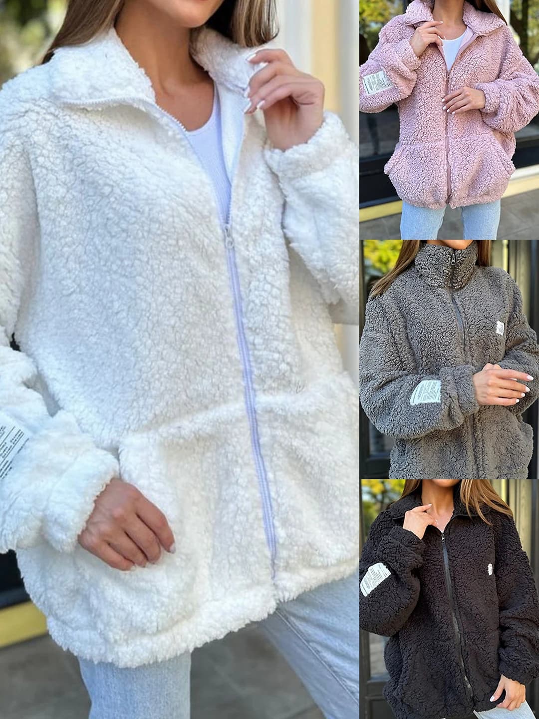 Women's autumn-winter jacket, medium warmth, long sleeve, zipper, solid color, rabbit fur, polyester, regular fit