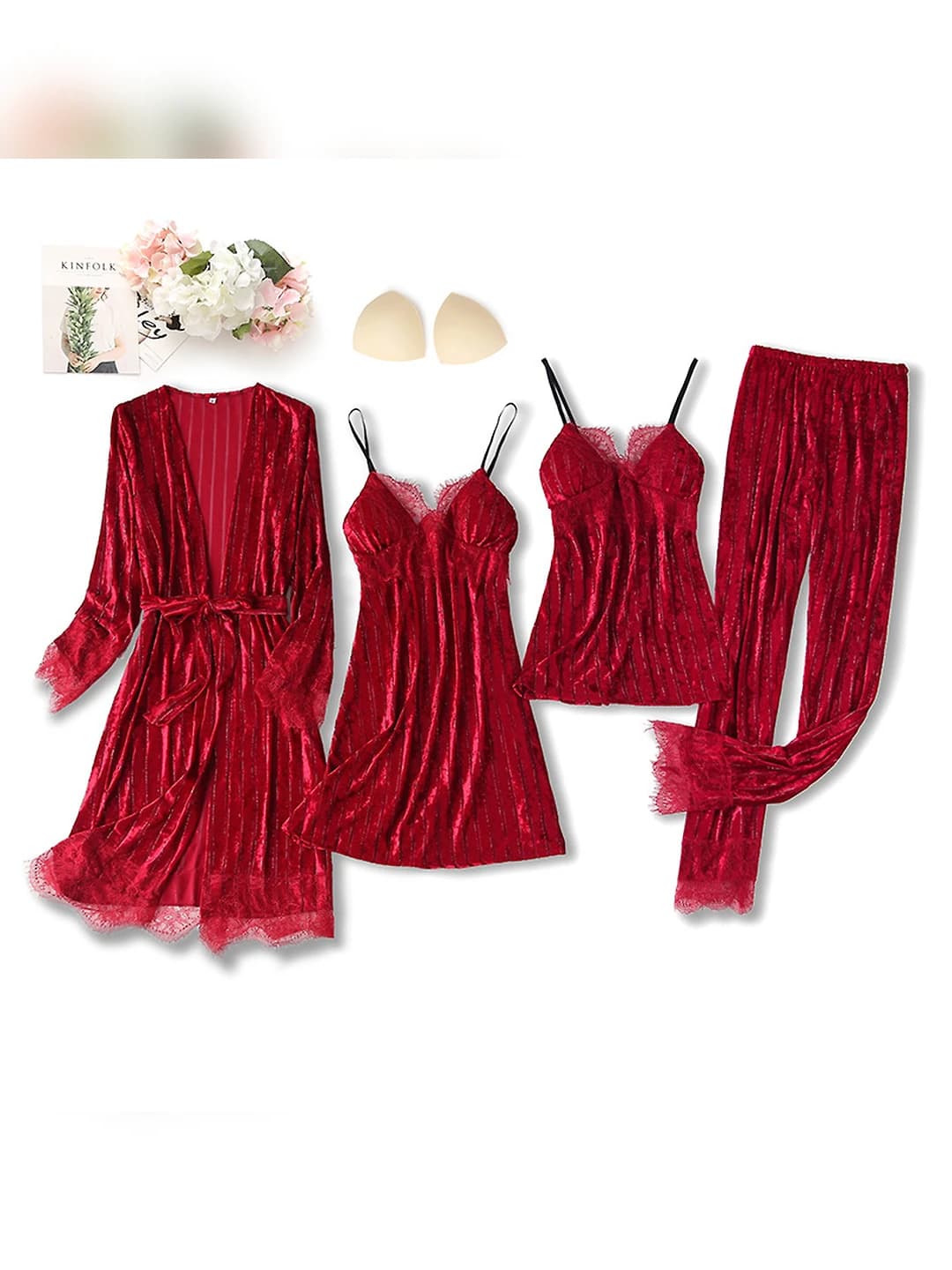 Wine red (silver thread velvet 4-piece set)