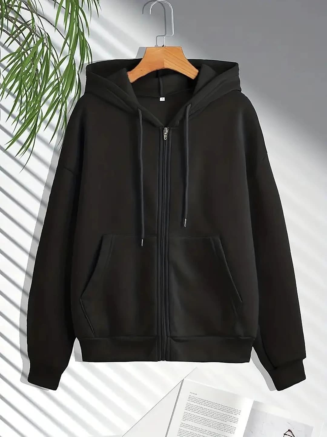 Women's fleece-lined zip hoodie, autumn-winter, 2026, loose fit, long sleeve, solid colour, casual style