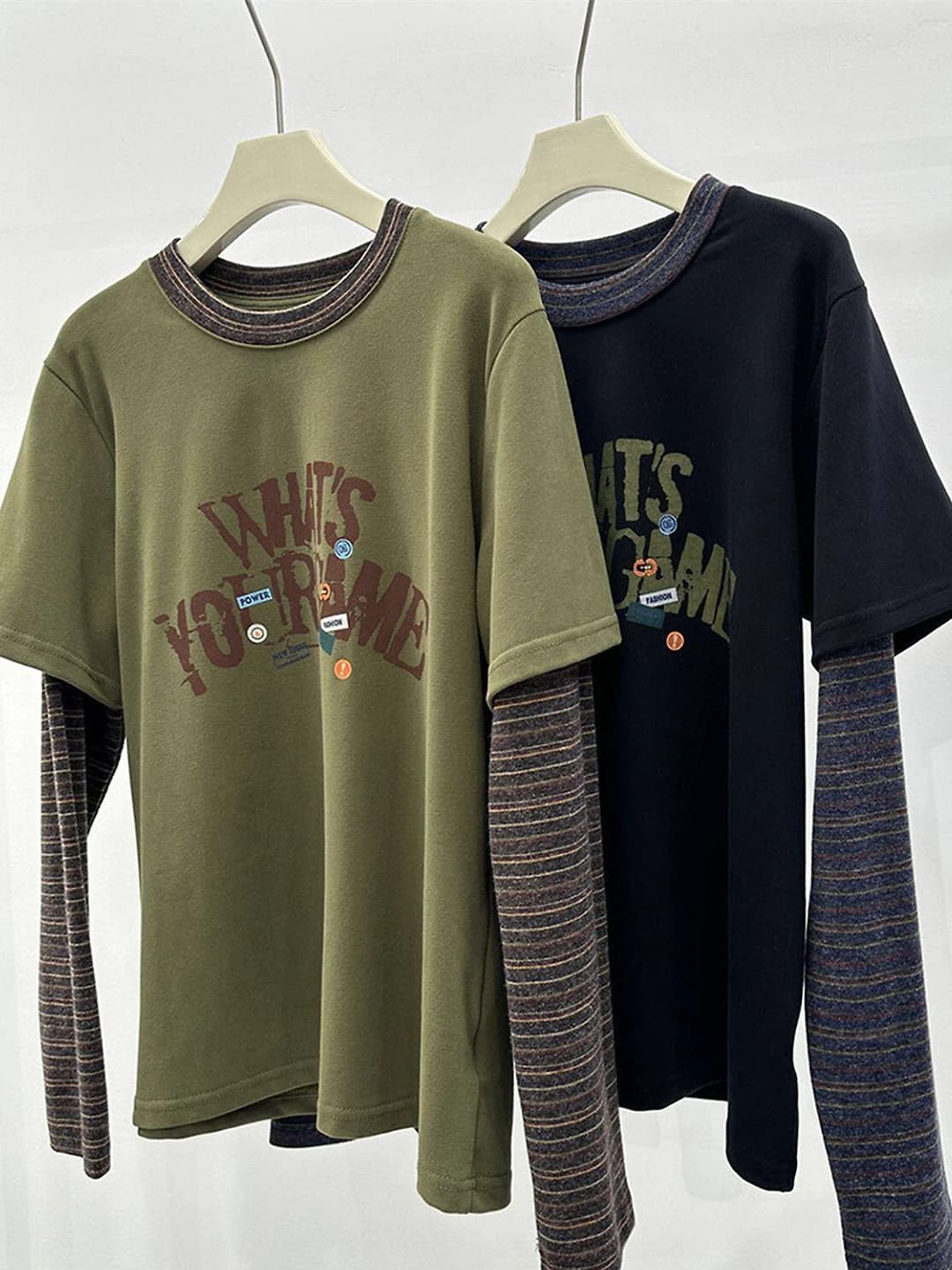Women's long sleeve t-shirt (fake two-piece), striped with lettering, retro, loose fit, crew neck, spring-autumn