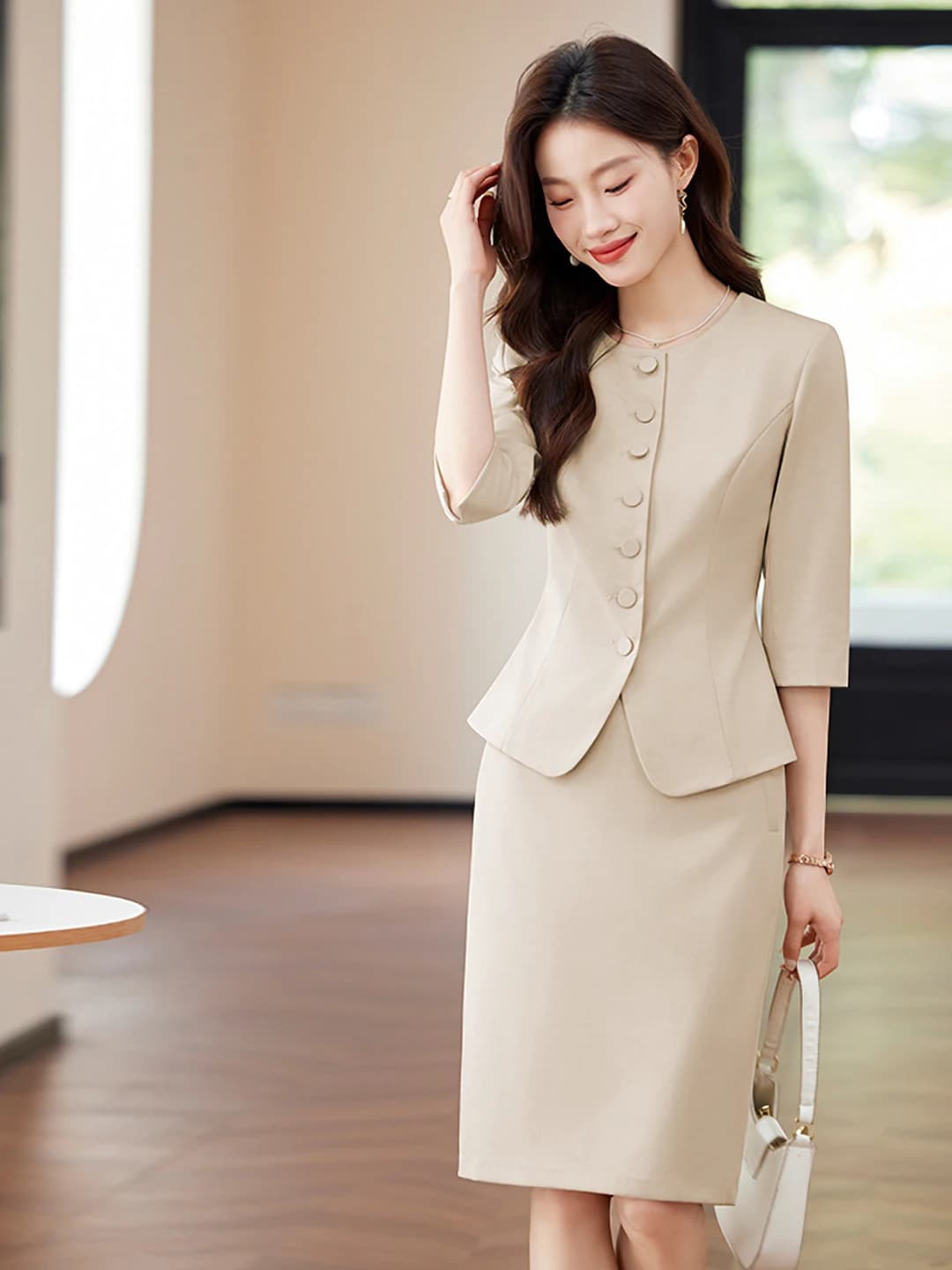 Women's suit set with skirt and blazer, spring-summer, OL style, elbow-length sleeve, polyester