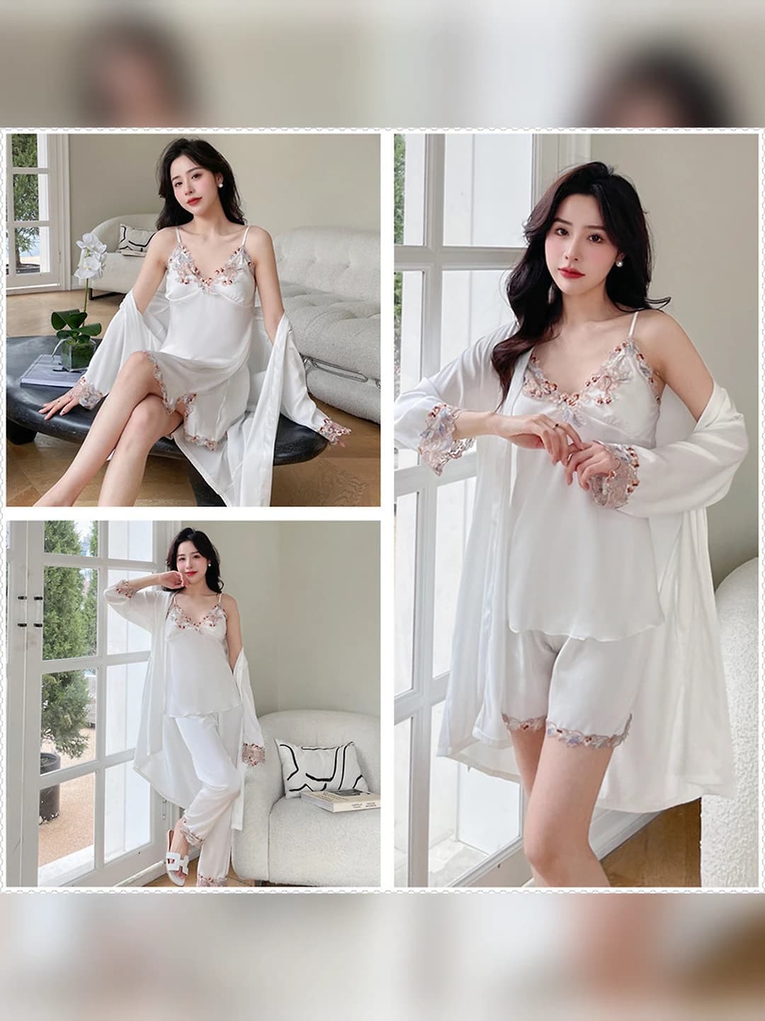 Women's thin ice-silk fabric pajama set for spring, summer, and autumn: V-neck, long sleeve, trousers, 5-piece loungewear