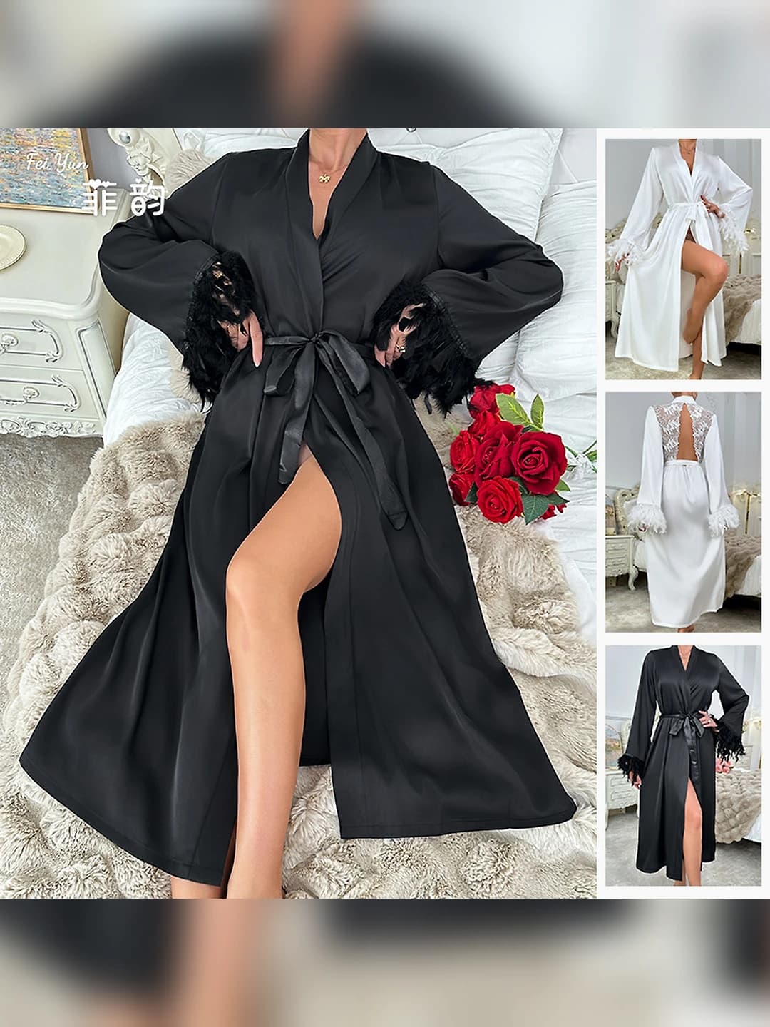 Women's long loose fit satin house robe with V-neck for summer, spring and autumn