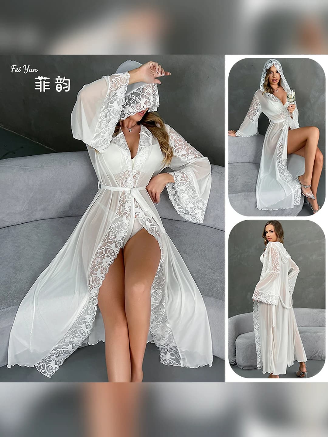 Women's sheer hooded lace bath robe, V-neck, mesh fabric, summer, spring, autumn