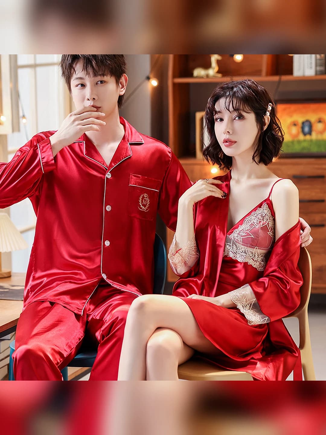 Women's couple's satin pajama set: men's long-sleeve shirt and trousers, women's ice-silk fabric nightgown and robe, thin, breathable, summer