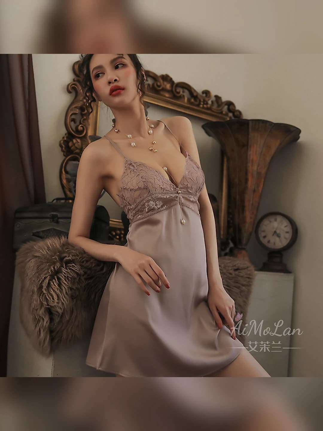 Women's lace nightgown, ice-silk fabric, sleeveless, square neckline, open back, thin, for 4 seasons