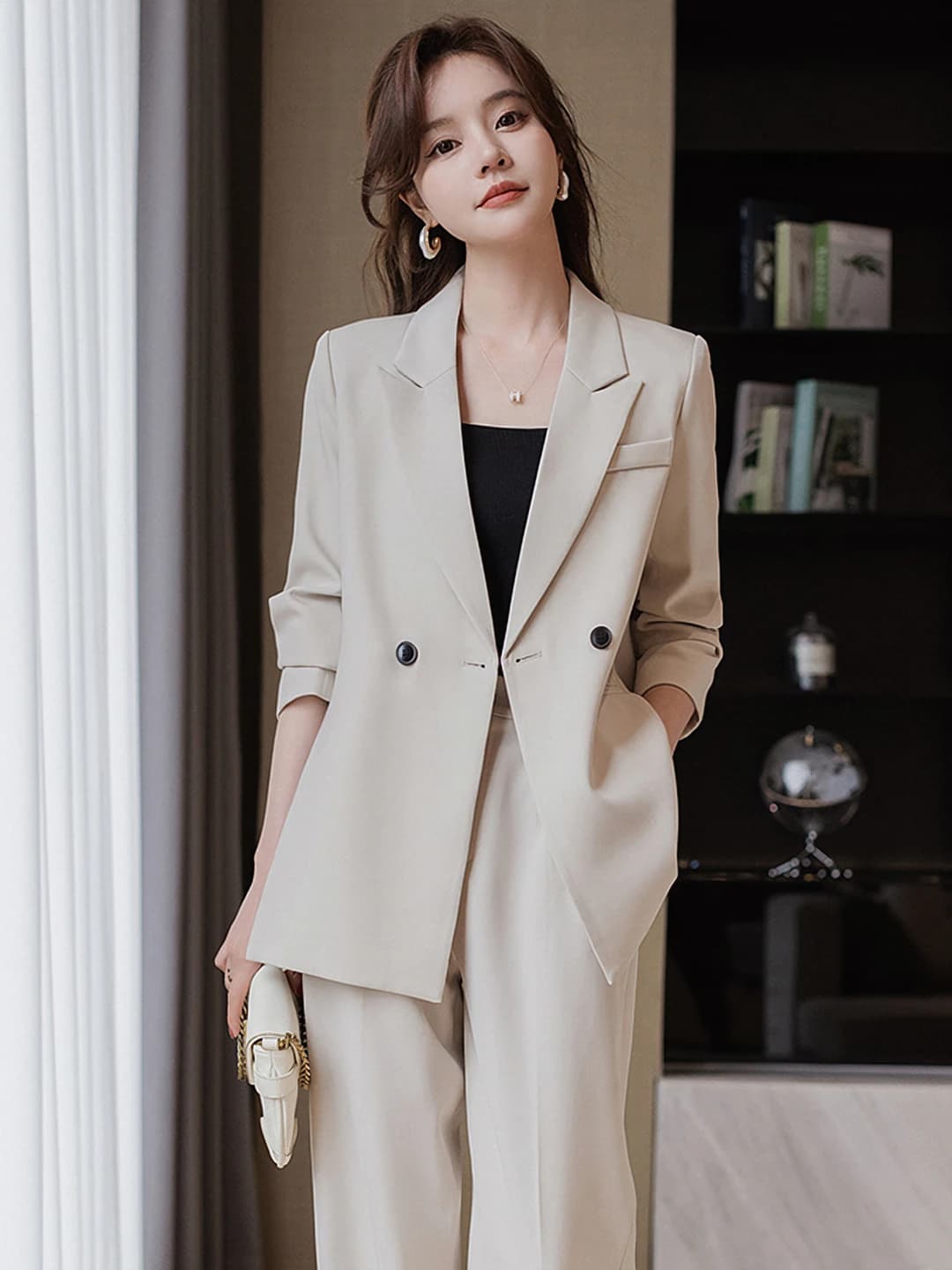 Women's spring-summer suit set with trousers, long sleeve thickened blazer and trousers