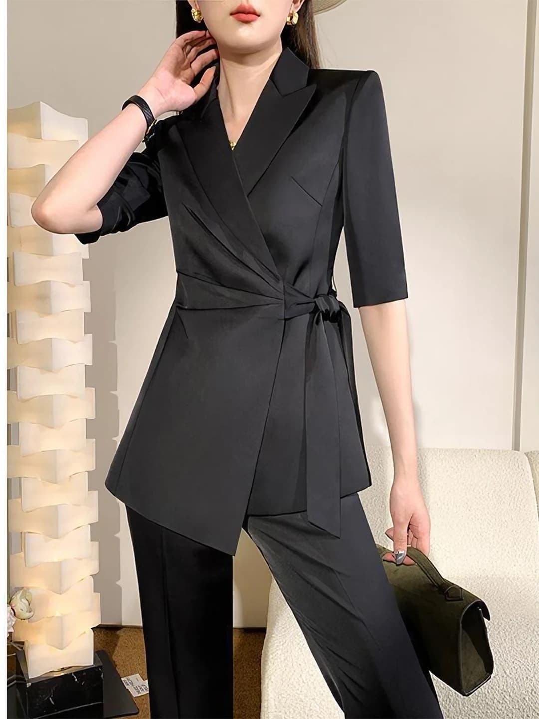 Women's summer thin blazer and trousers set, slim fit, slimming, black, professional