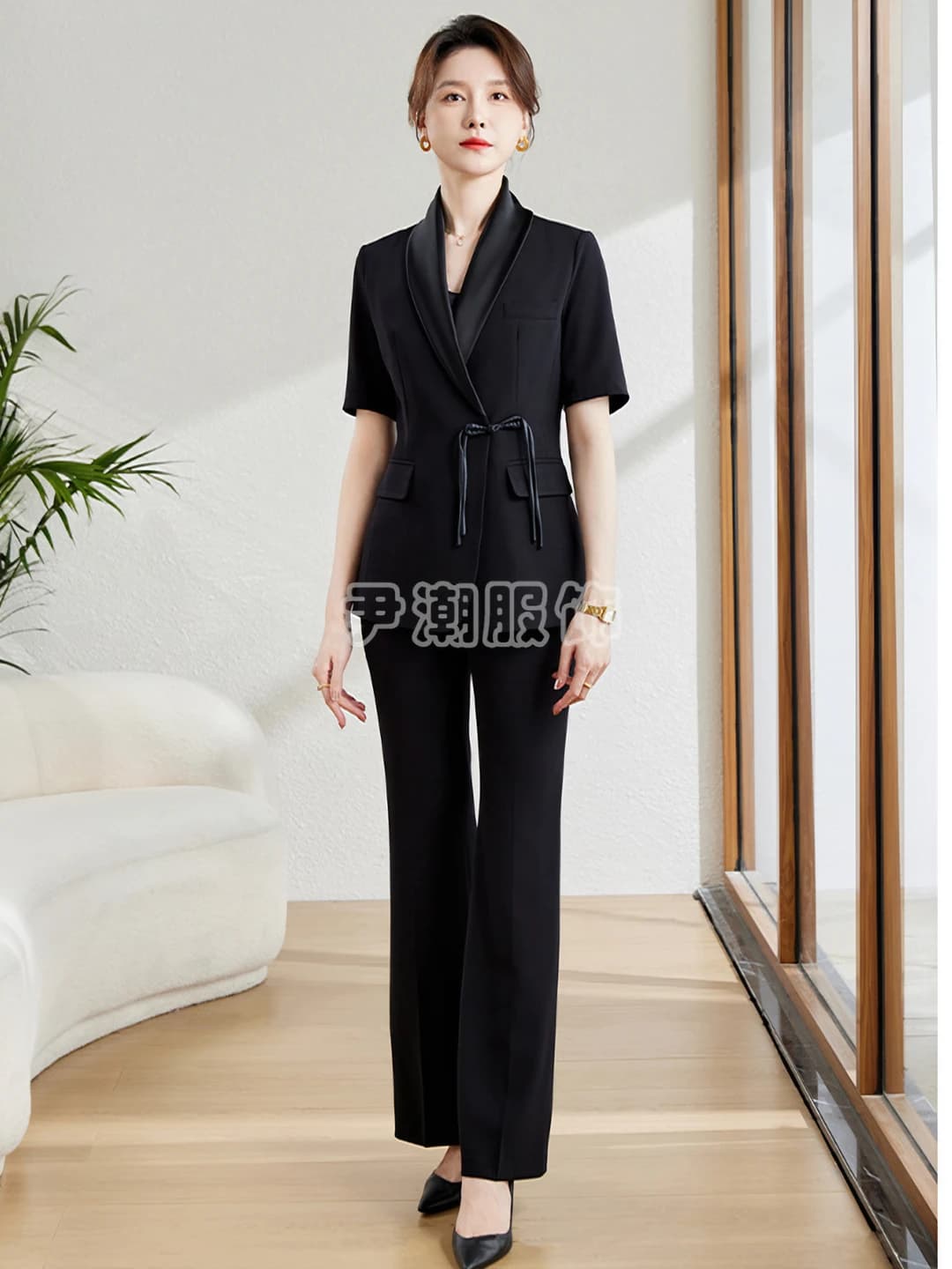 Women's summer blazer and trousers set, slim fit, short sleeve, 95% polyester