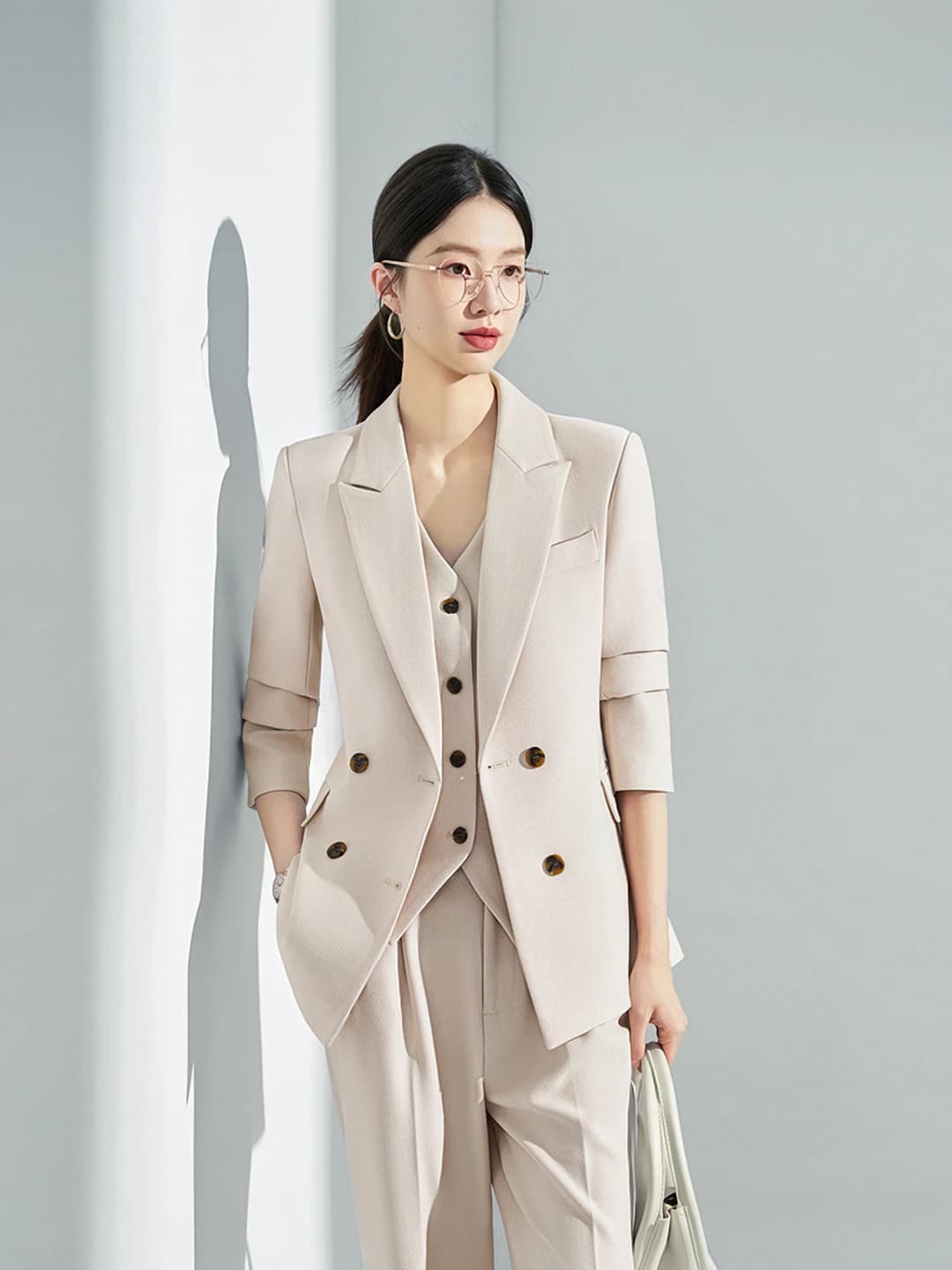 Women's three-piece suit set with blazer, vest and wide-leg trousers, for petite, casual and formal, long sleeve, trousers, autumn
