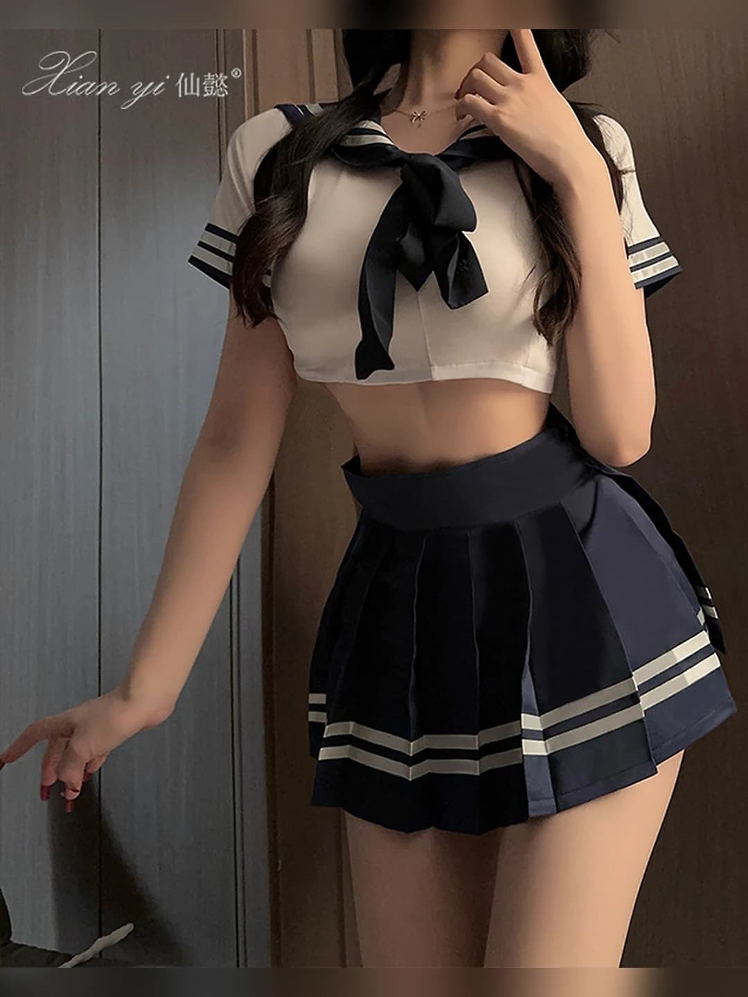 Women's erotic JK student uniform lingerie set, polyester fabric, 90%–95% share