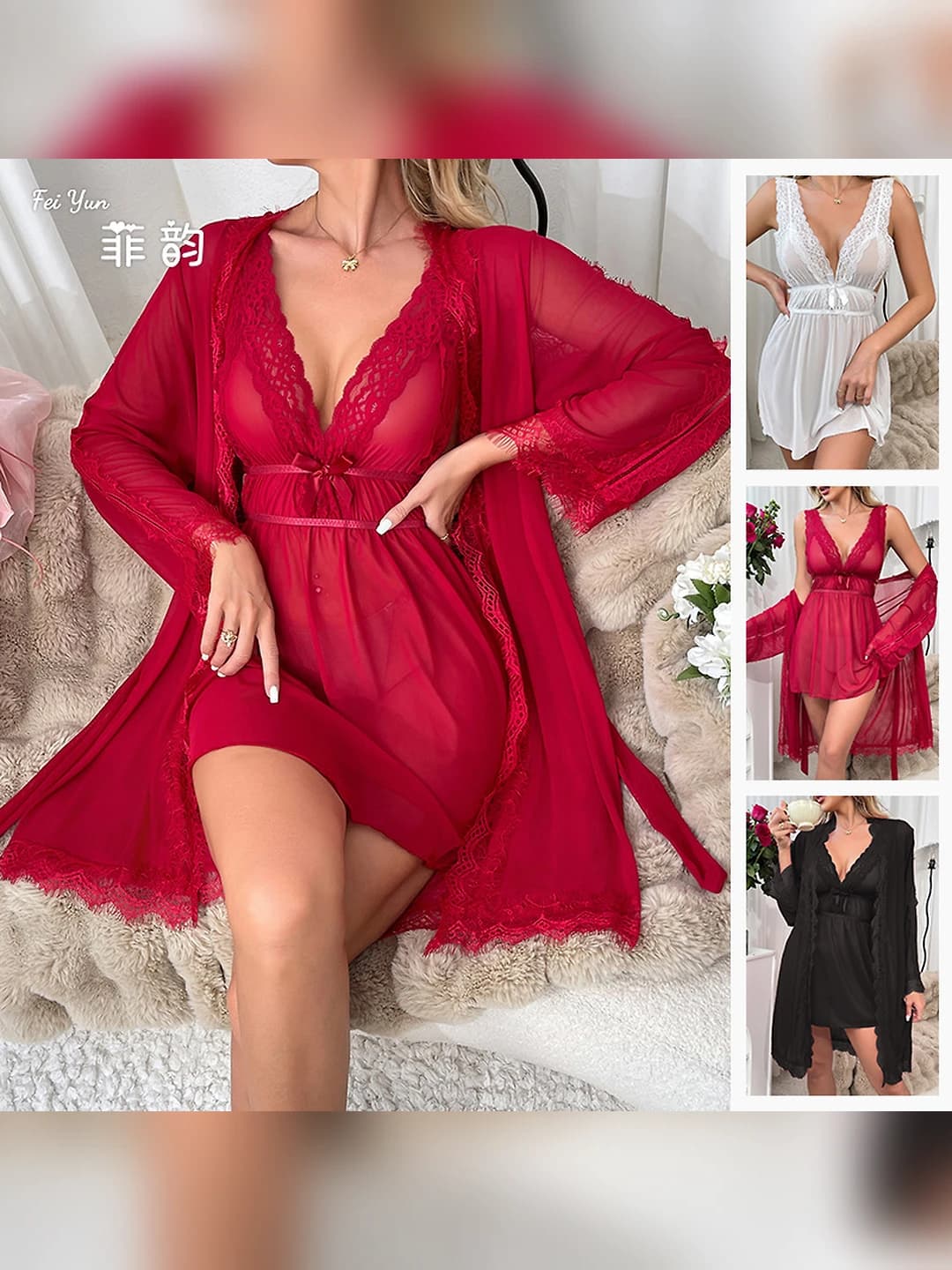 Women's sheer mesh loungewear set: thin, V-neck, bracelet-length sleeve, summer, spring, autumn