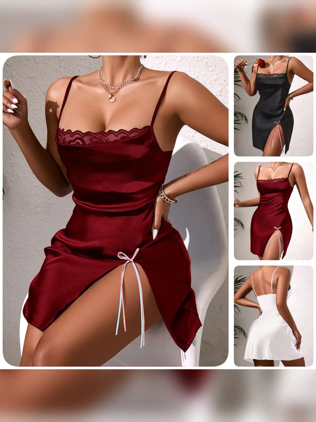 Women's satin lace slip dress, mini skirt, sleeveless, summer, spring, autumn
