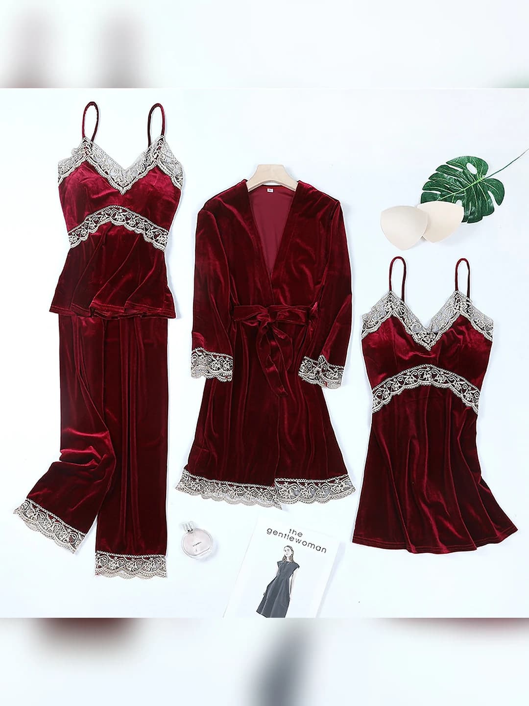 Gold velvet 4pc set - Wine red cutout