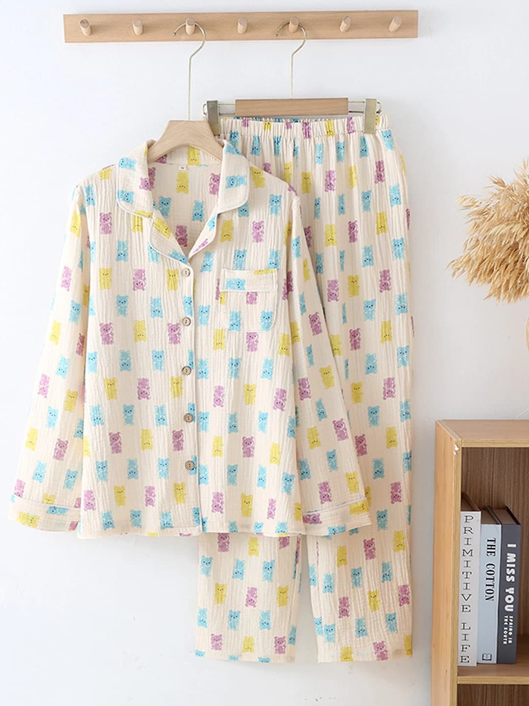 Women's all-cotton pajama set, long sleeve, trousers, lapel collar, spring-autumn, thin, breathable, loungewear