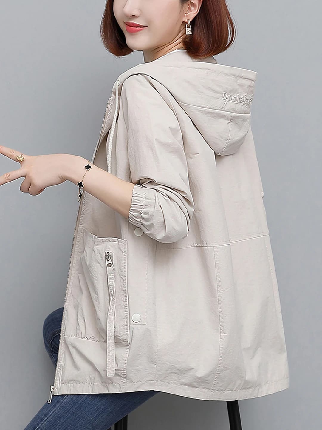 Women's spring-autumn casual loose fit mid-length solid colour trench coat with zip and long sleeve for petite