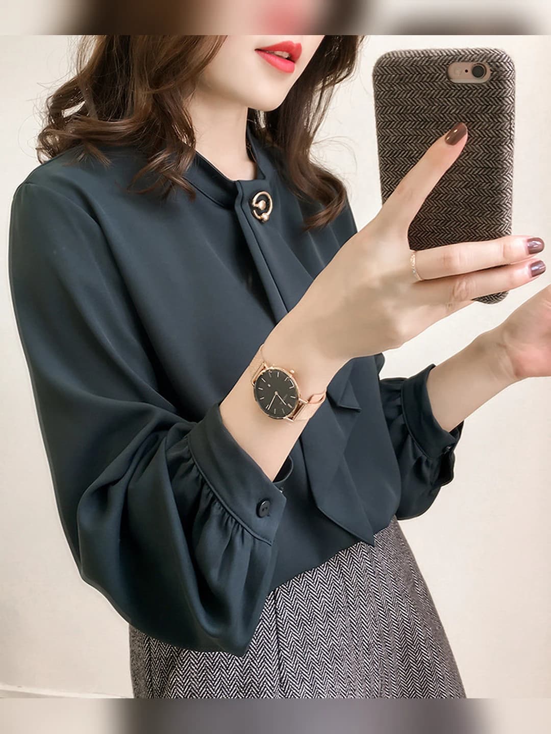 Women's 2026 spring blouse: solid colour, loose fit, long sleeve, crew neck, slim fit, chiffon