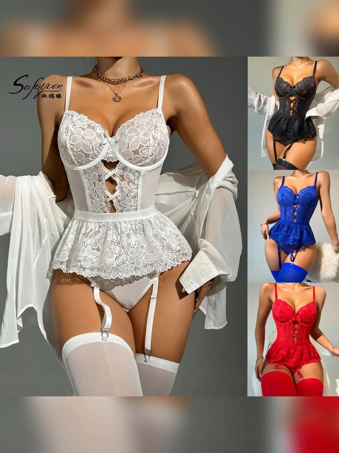 Women's lace erotic lingerie bodysuit with garter straps, V-neck, long sleeve, all-season
