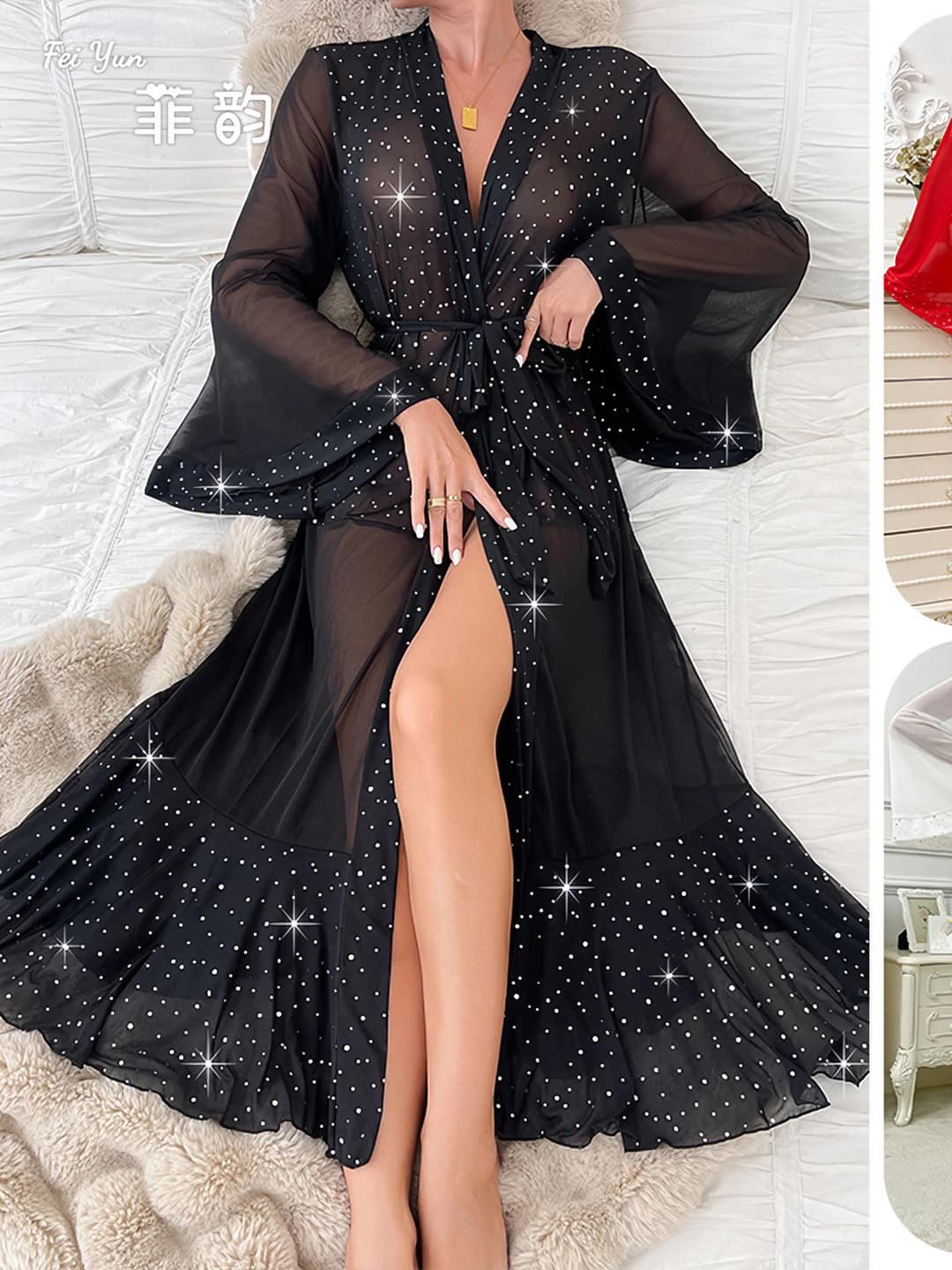 Women's sheer sequin mesh bath/home robe, slim fit, V-neck, summer, spring, autumn