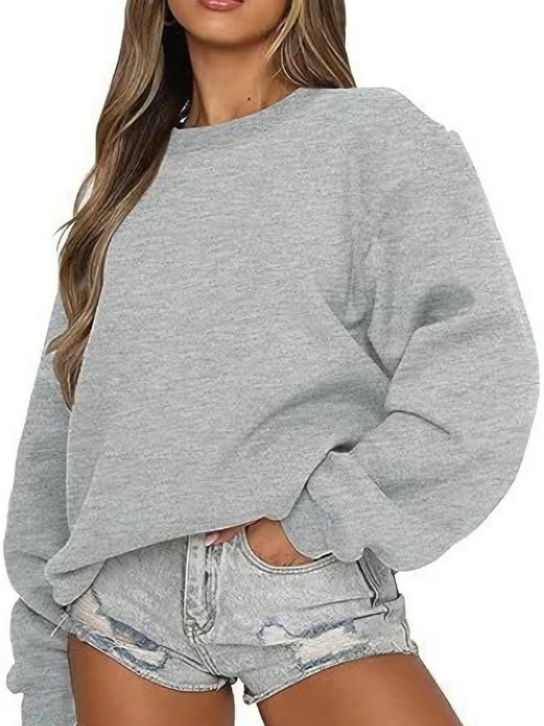 Women's autumn-winter fleece-lined, solid colour, crew neck, loose fit, long sleeve sweatshirt