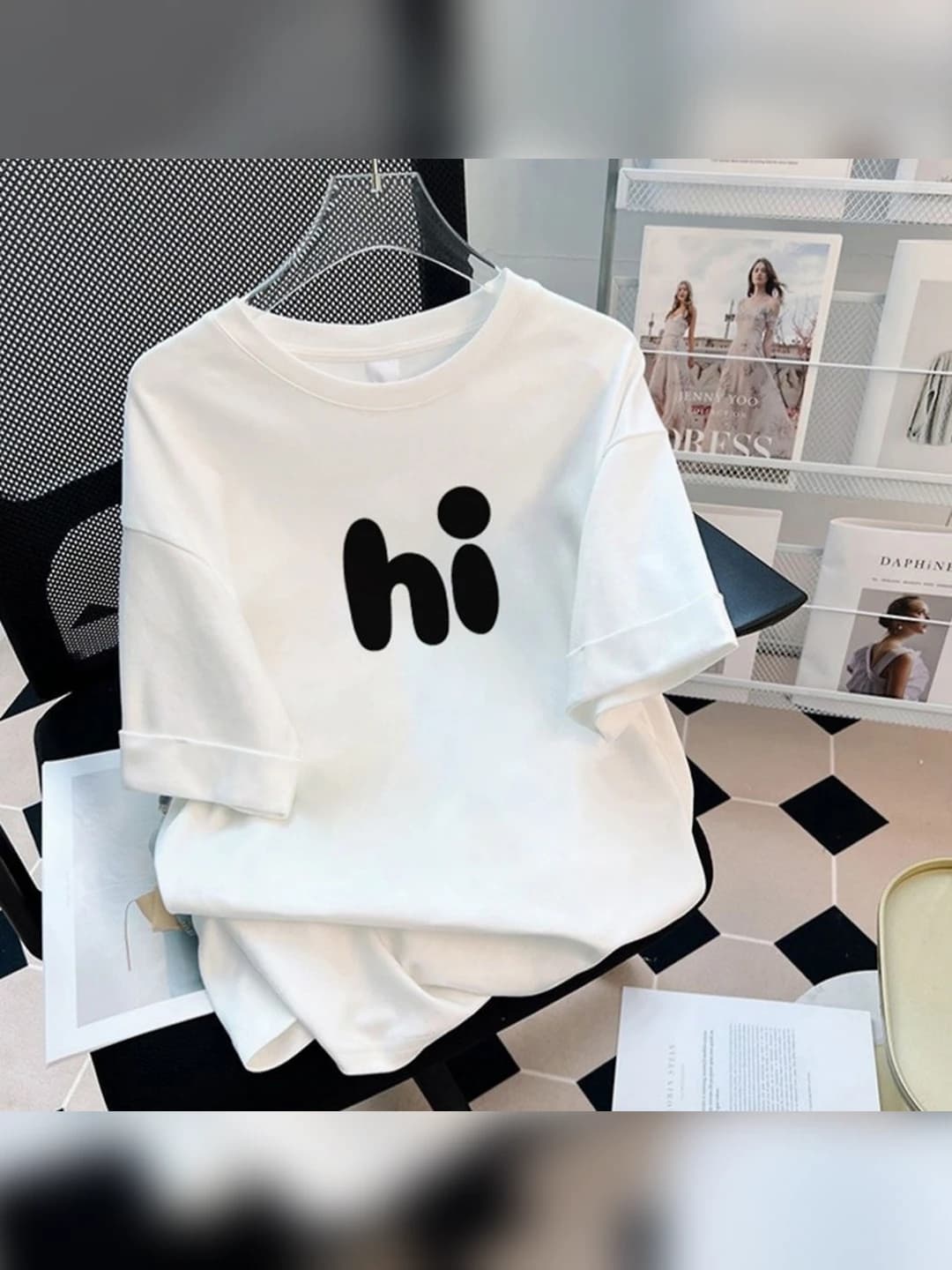 Women's white t-shirt, short sleeve, pure cotton, summer 2026, loose fit, slimming, printed, crew neck
