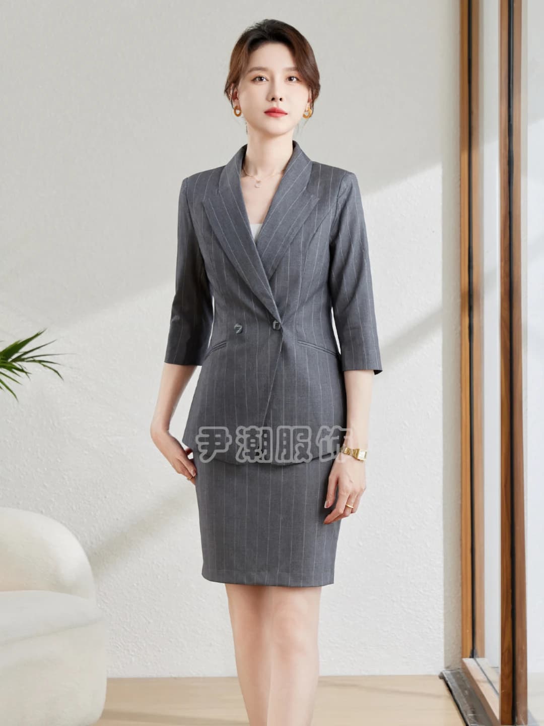 Women's pinstripe suit set with skirt, three-quarter sleeve, formal