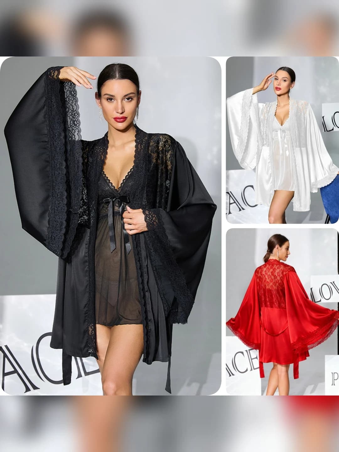 Women's satin lace wide-sleeve nightgown set (robe + camisole slip dress) in black and white, V-neck, bracelet-length sleeve, thin, for spring, summer and autumn