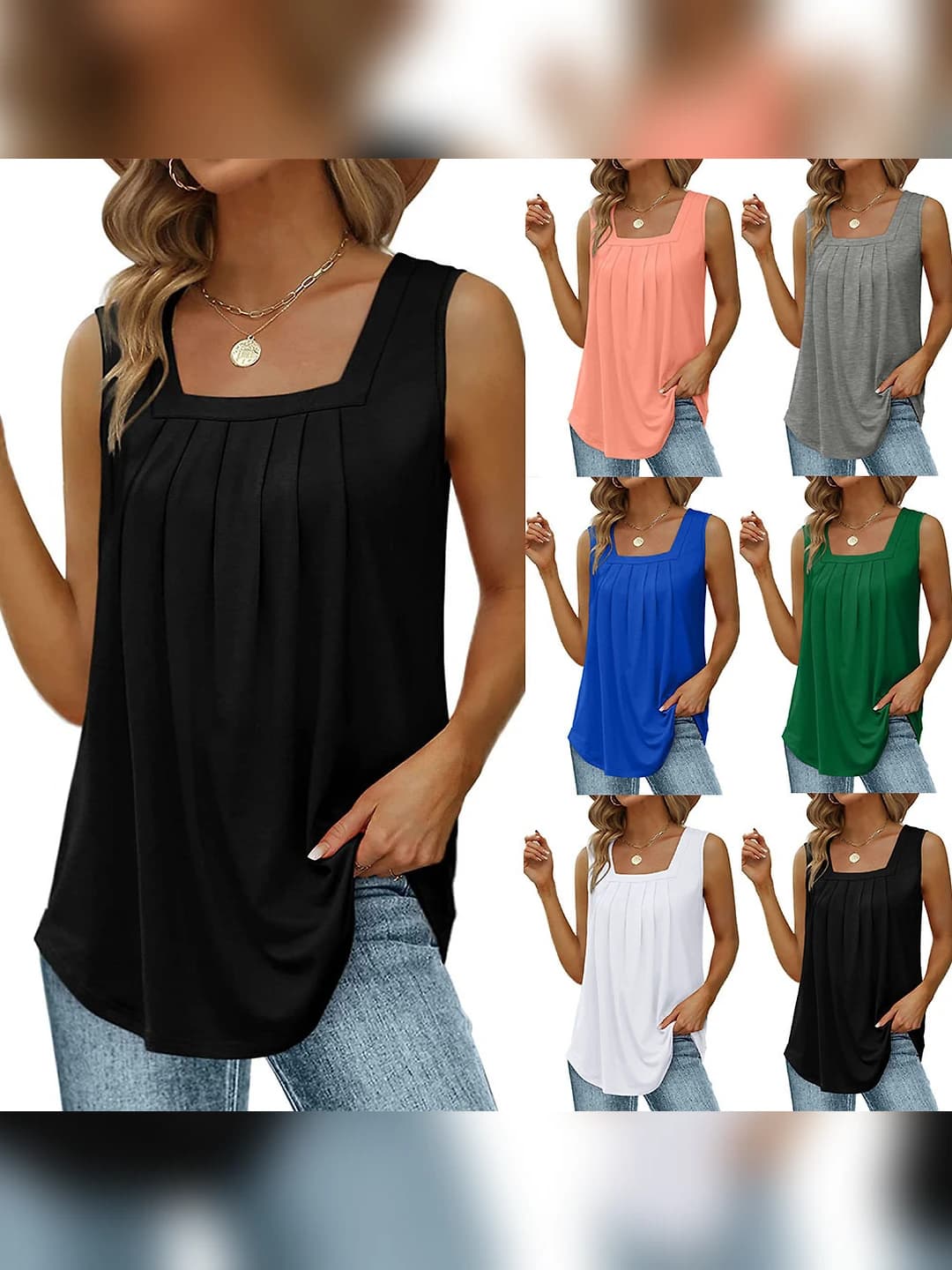 Women's sleeveless square-neck pleated tank top (t-shirt)