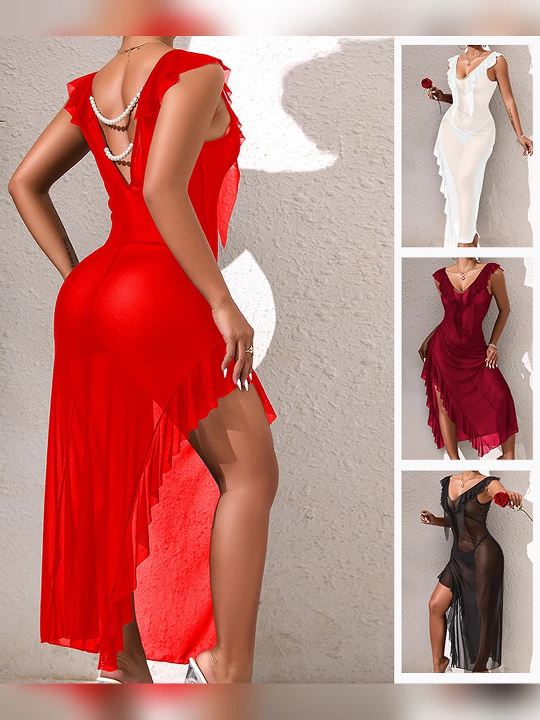 Women's sheer mesh nightgown, V-neck, sleeveless, with pearl decoration on the back, ruffle edges, irregular high slit long skirt