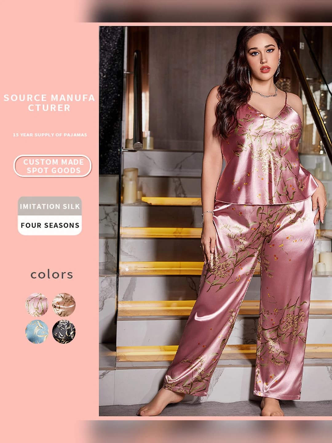 Women's printed pajama set (camisole top and long pants), V-neck, sleeveless, stretch, thin, all-season loungewear