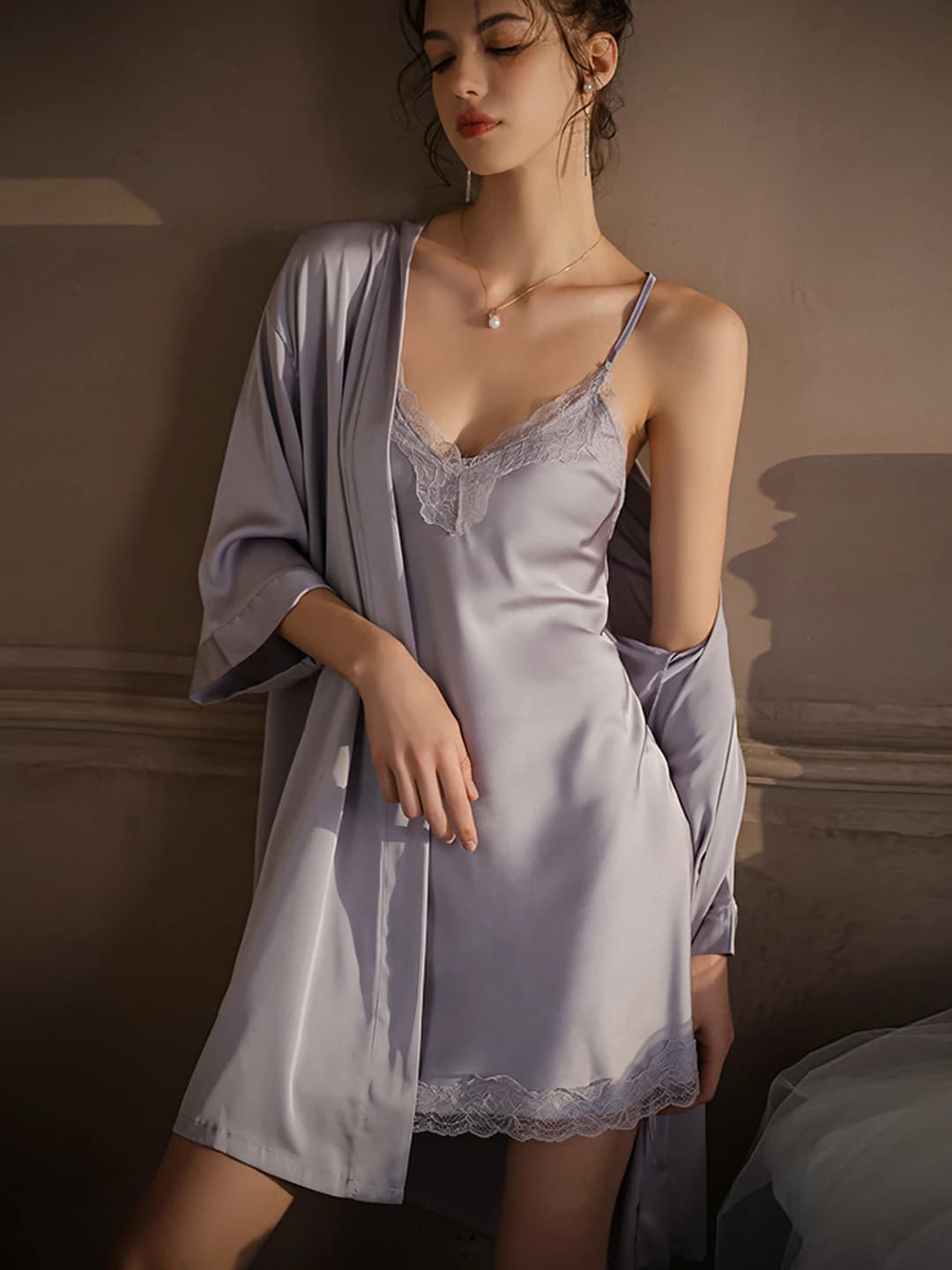 Women's lingerie set: satin nightgown with lace trim and matching jacket