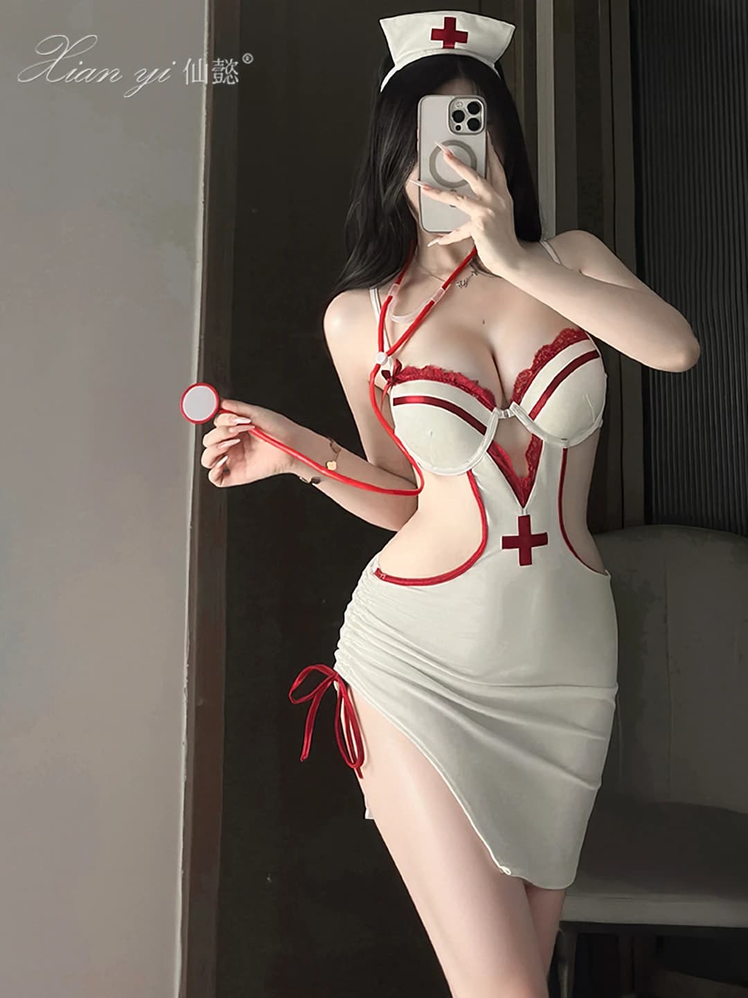 Ayollar uchun erotika shifokor cosplay ichki kiyim ko'ylagi, elastik saten mato, qo'ltiq tasmasi va butun tana mos keladigan model