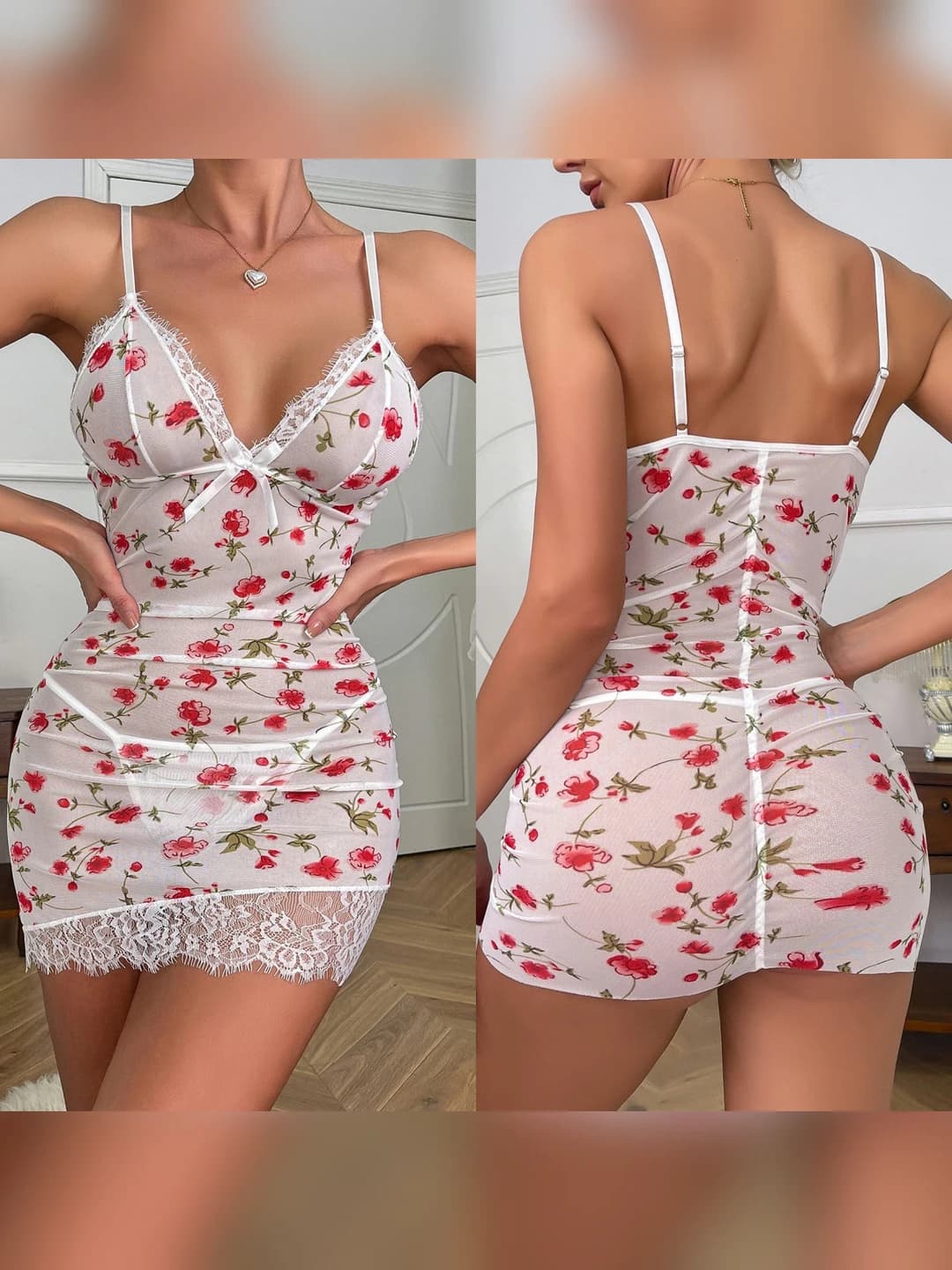 Women's sheer floral lace-trim camisole lingerie slip dress, printed, polyester