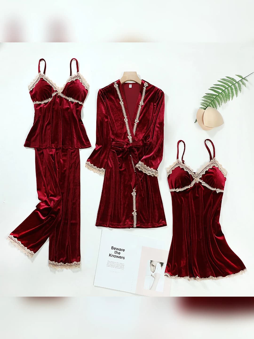 Gold velvet 4pc set - Wine red piping