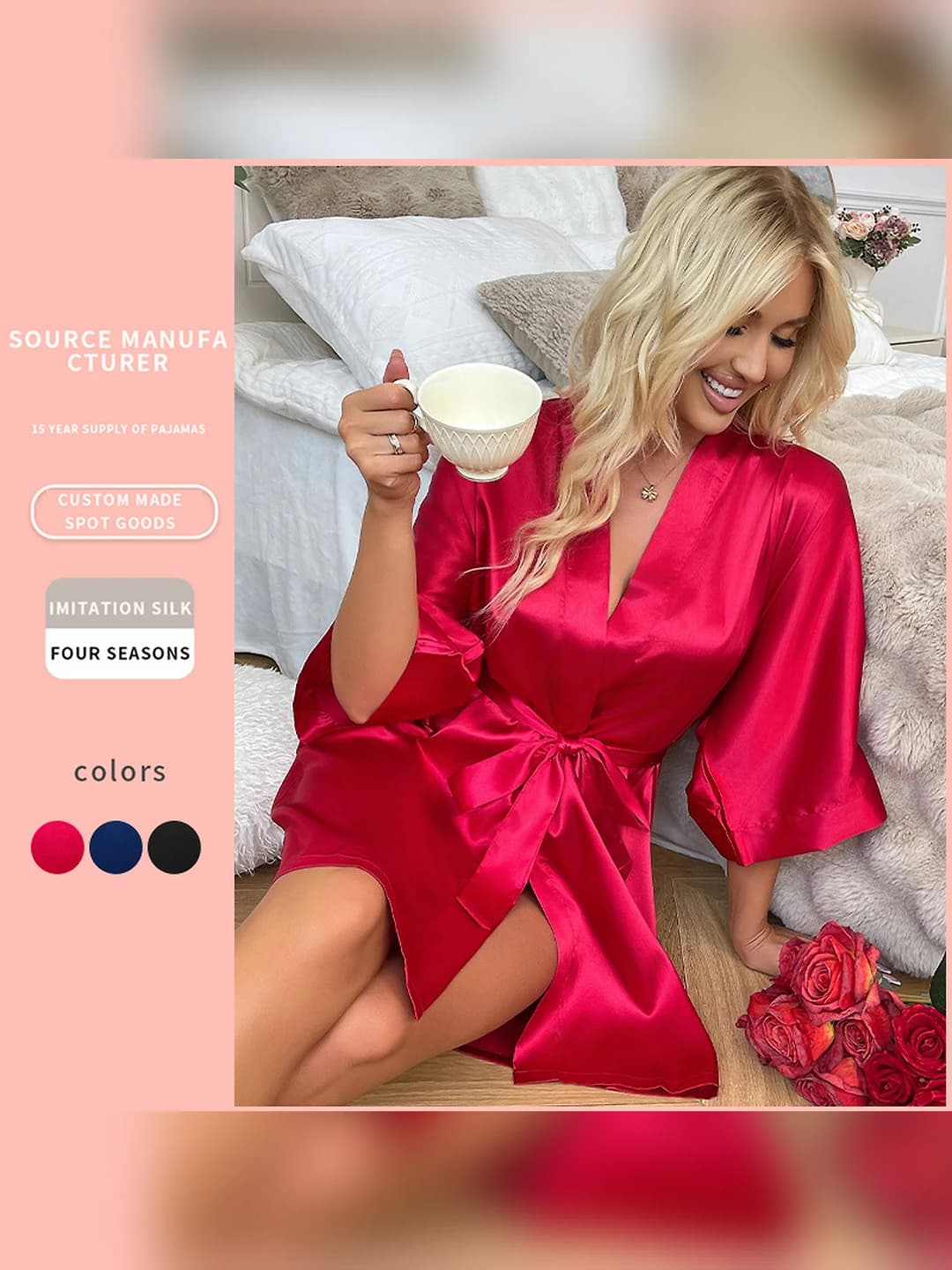 Women's thin imitation silk house robe, loose fit cardigan style, three-quarter sleeve, collarless, 100% polyester, casual and loungewear, spring-summer and autumn