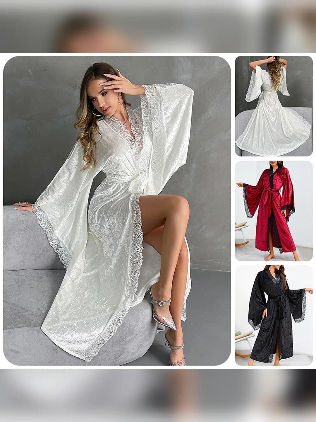 Women's long robe with flared sleeves, tie waist, velvet and lace details