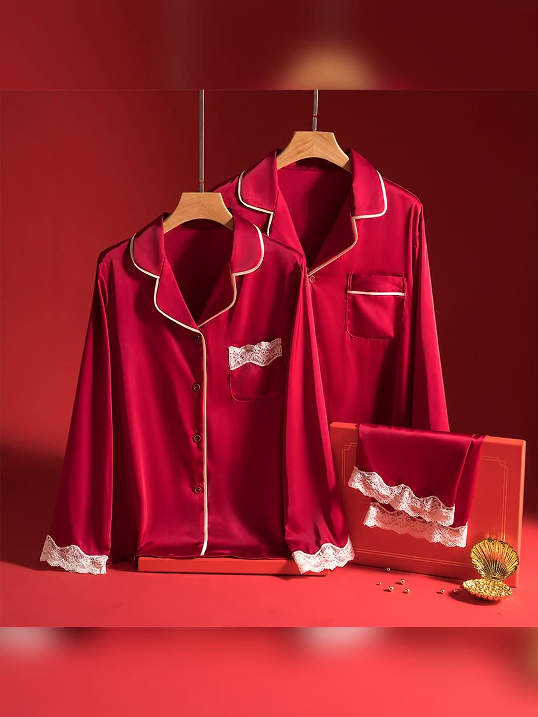 Women's thin pajama set: long sleeve, lapel collar, trousers, all-season