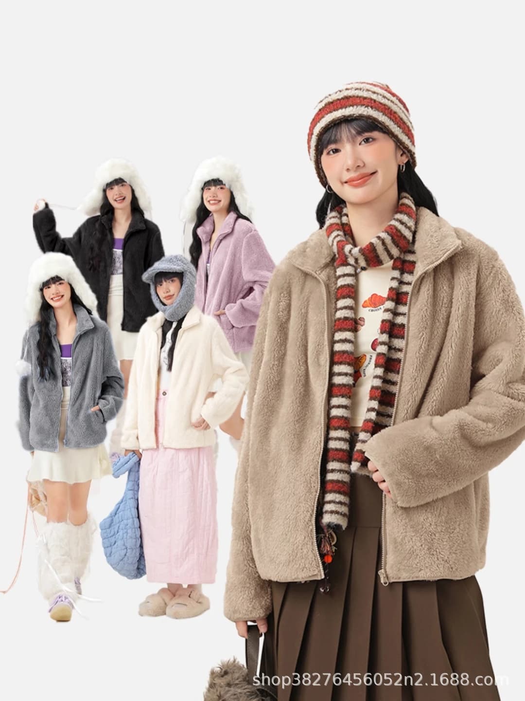 2026 autumn-winter women's fleece cardigan, loose fit, stand collar, long sleeve, zip closure