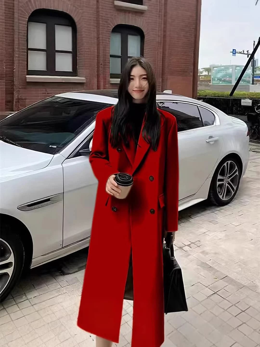 Women's red spring-autumn trench coat, Korean style, for petite, mid-length, V-neck, long sleeve, solid colour