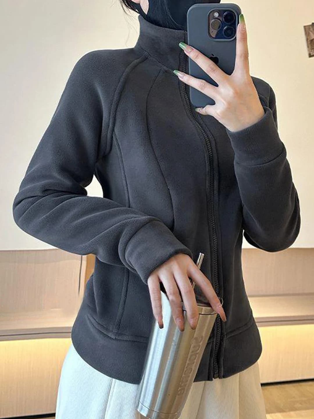 Women's fleece-lined zip-up outerwear, slim fit, stand collar, long sleeve, casual, autumn-winter 2026