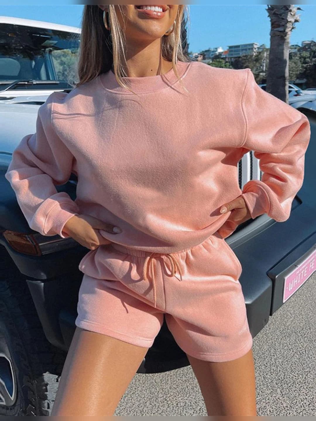 Women's autumn sweatshirt and knee-length shorts set: thickened, loose fit, long sleeve, solid colour, casual style